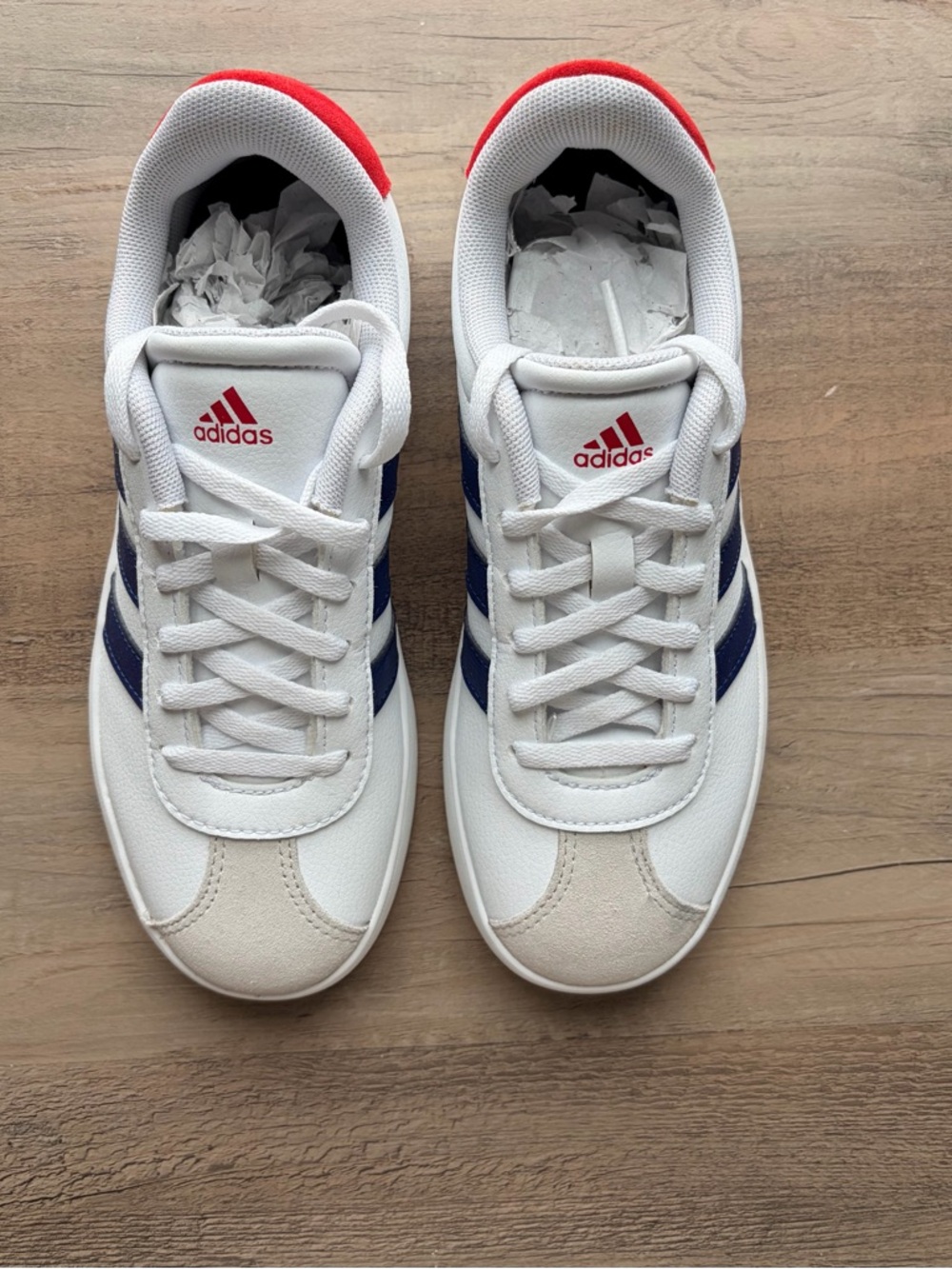 adidas White Sneakers with Navy Stripes and Red Heel